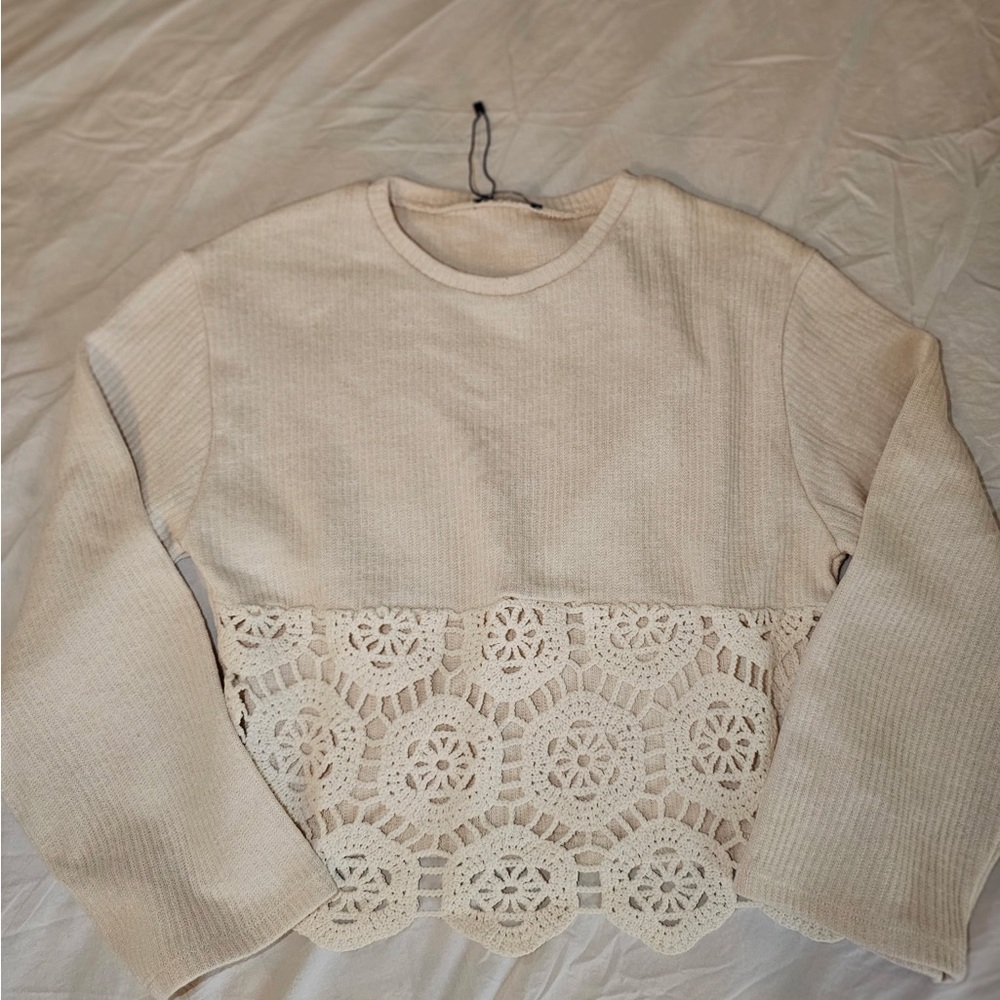 Zara Beige Knit Blouse with Lace Hem